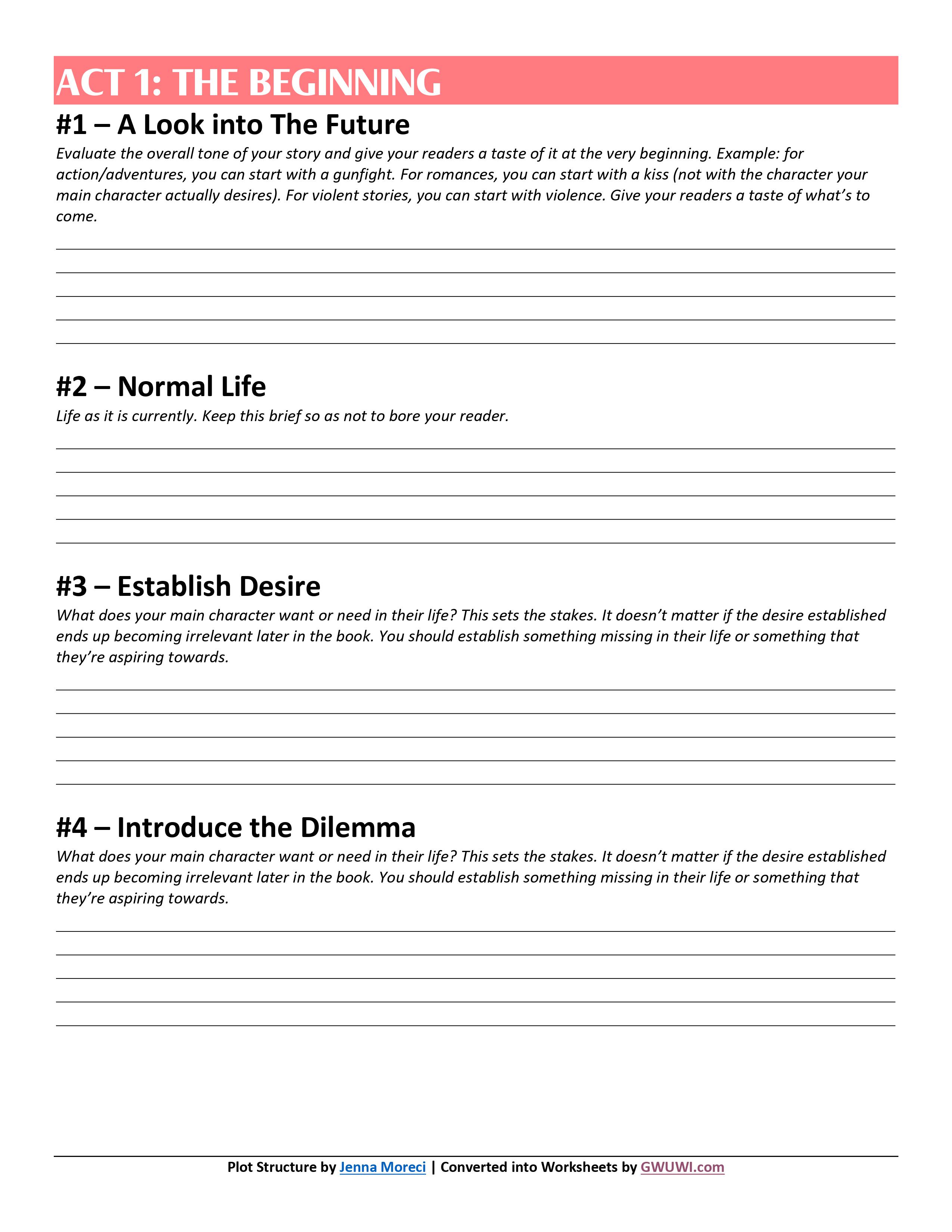 The first page of worksheet based on Jenna Moreci's plot structure video.