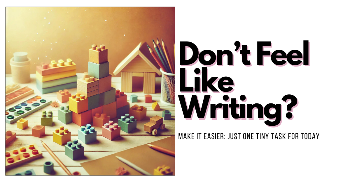 An arrangement of colorful building blocks on a desk with a warm, cozy background, representing small, manageable tasks for writers looking for a light and creative approach.